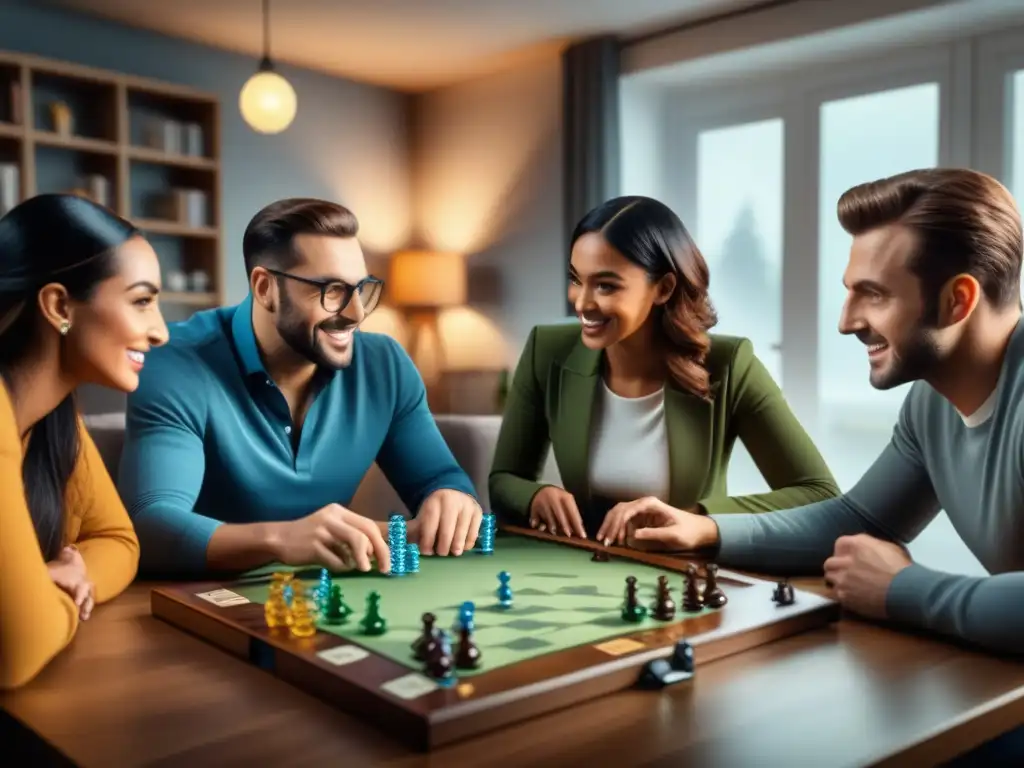 Grupo diverso disfruta de un juego de mesa en sala acogedora