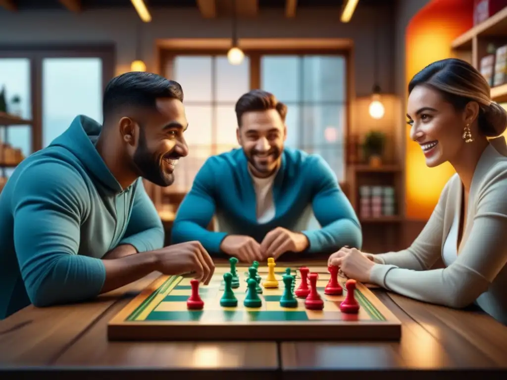 Un grupo diverso disfruta de un juego de mesa estratégico en un café acogedor rodeado de juegos