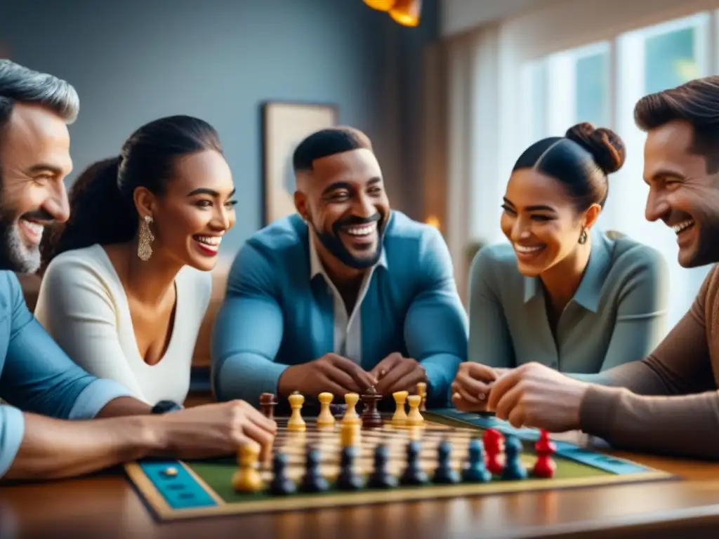 Grupo diverso disfruta juego de mesa con entusiasmo y amistad