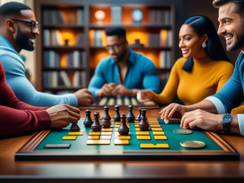 Grupo diverso disfruta intensamente de un juego de mesa en una acogedora sala llena de juegos, monedas y piezas coloridas