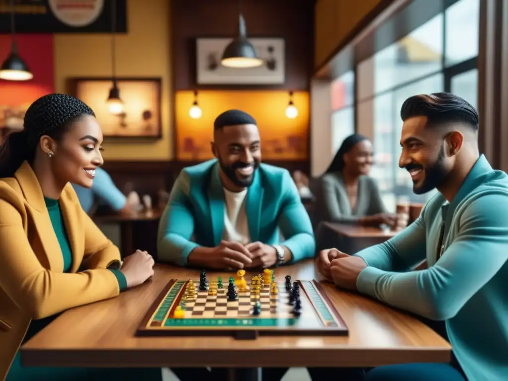 Un grupo diverso disfruta de un juego de mesa en un café acogedor, reflejando la cultura café juegos mesa inclusiva