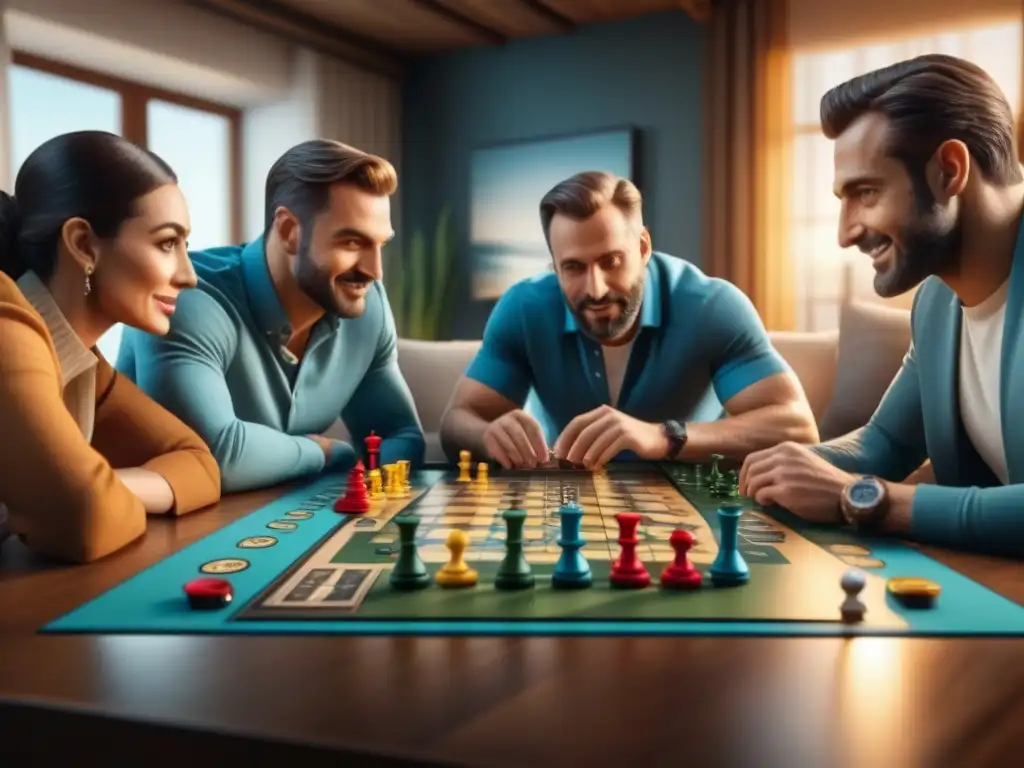Partida de juego de mesa en sala moderna Un grupo diverso disfruta de un juego de mesa en una sala moderna, creando un ambiente acogedor y social