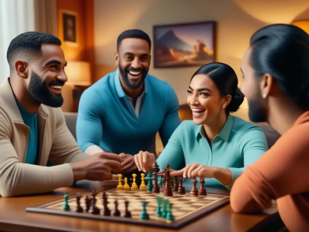 Emocionante partida de juego de mesa entre amigos en ambiente acogedor Grupo diverso disfruta apasionadamente juego de mesa estratégico en sala acogedora