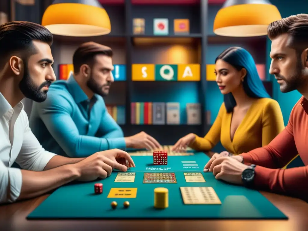 Un grupo diverso juega apasionadamente un juego de mesa moderno en un café
