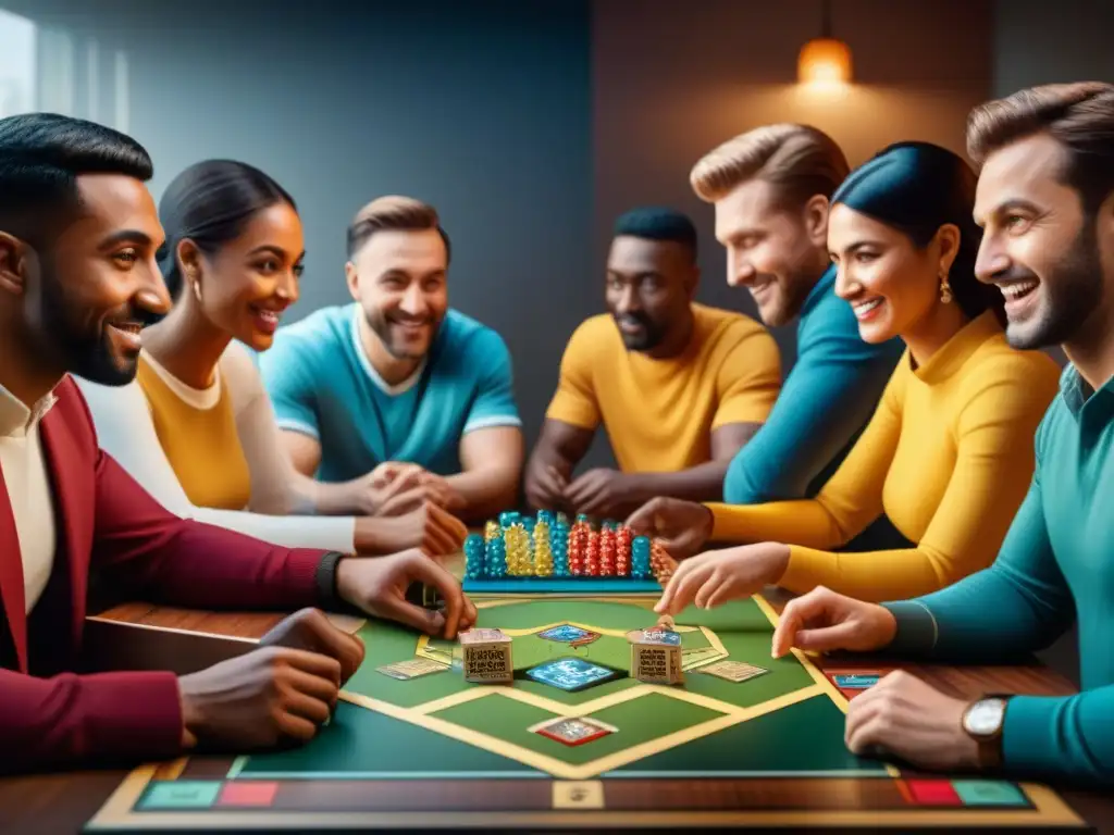 Grupo diverso disfruta juego de mesa, mostrando la expansión de juegos de mesa en mercados y sociedades