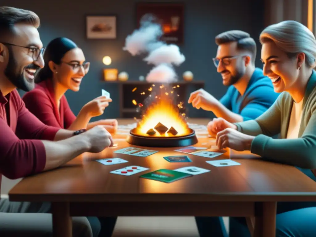 Diversión y camaradería: Grupo variado disfruta de Exploding Kittens Grupo diverso disfruta de juego de mesa Exploding Kittens en ambiente acogedor rodeado de juegos de mesa coloridos