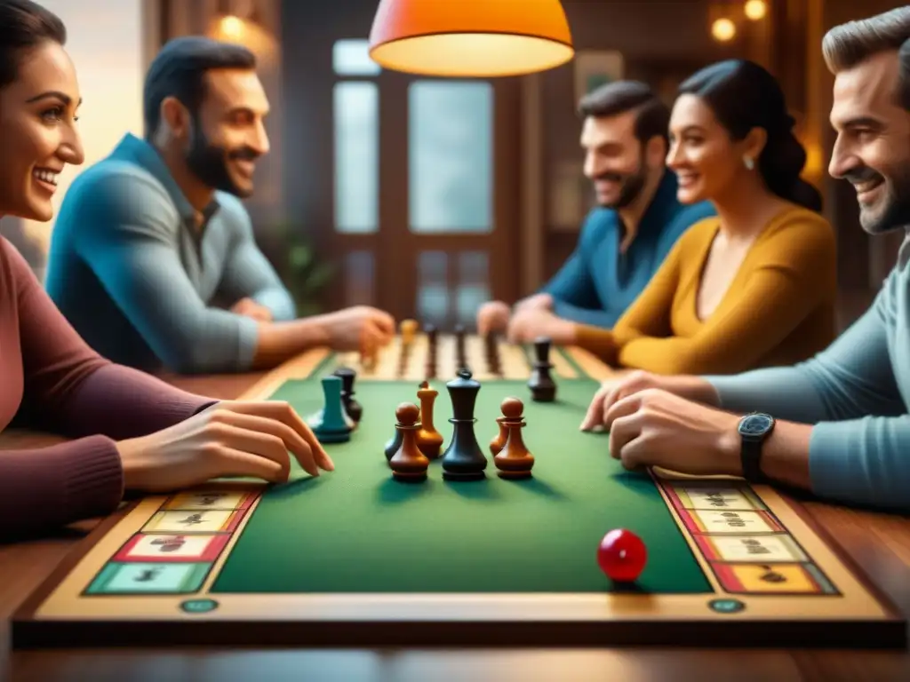 Un grupo diverso disfruta un juego de mesa, mostrando resiliencia emocional en juegos de mesa