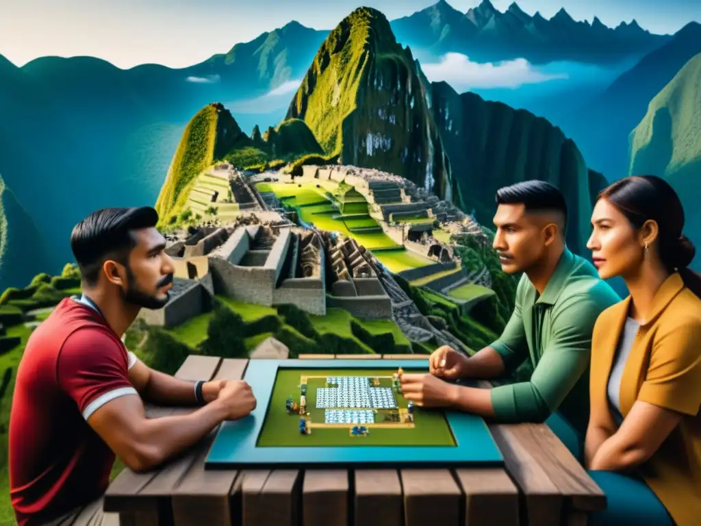 Un grupo diverso juega un juego de mesa en Machu Picchu, fusionando tradición y modernidad