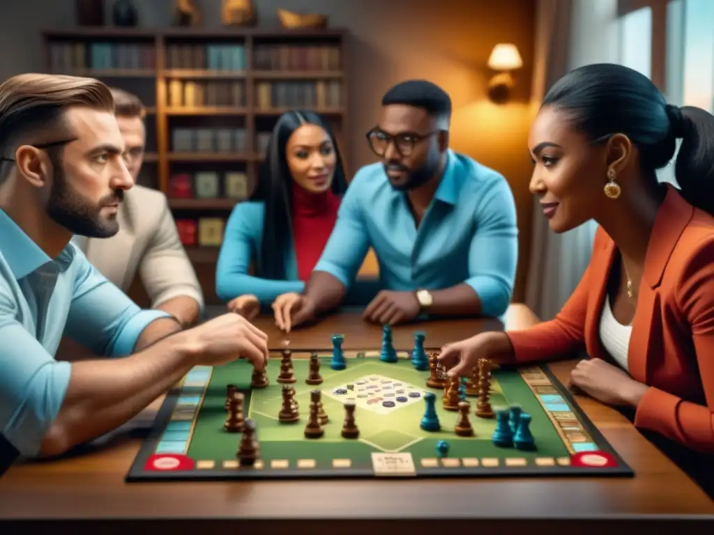 Grupo diverso disfruta de un juego de mesa estratégico con beneficios para la inteligencia