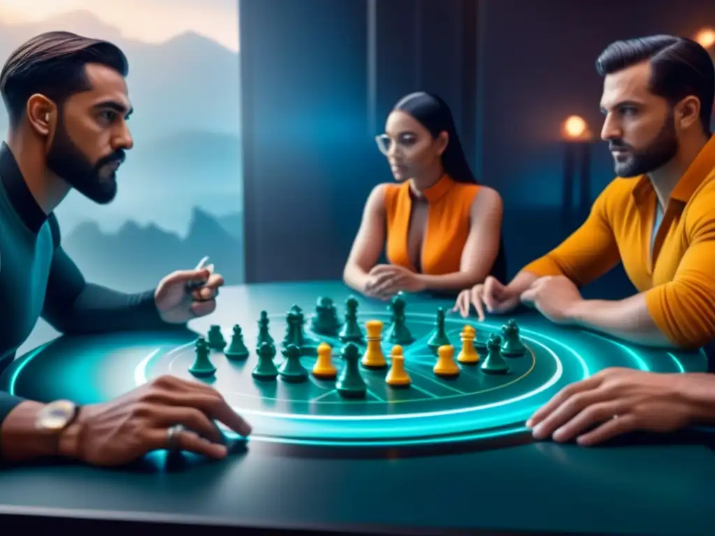 Grupo diverso juega apasionadamente un juego de mesa futurista con tecnología blockchain