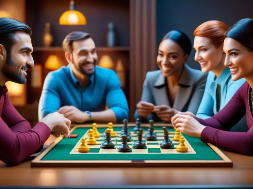 Juego de mesa con diversidad y emoción Grupo diverso disfrutando un juego de mesa con diseño detallado