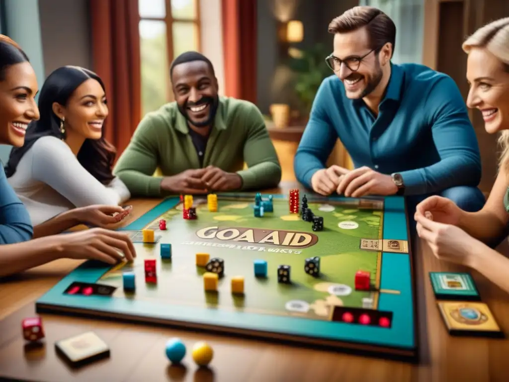 Juegos de mesa: diversión y camaradería Un grupo diverso disfruta de un juego de mesa, mostrando camaradería y diversión