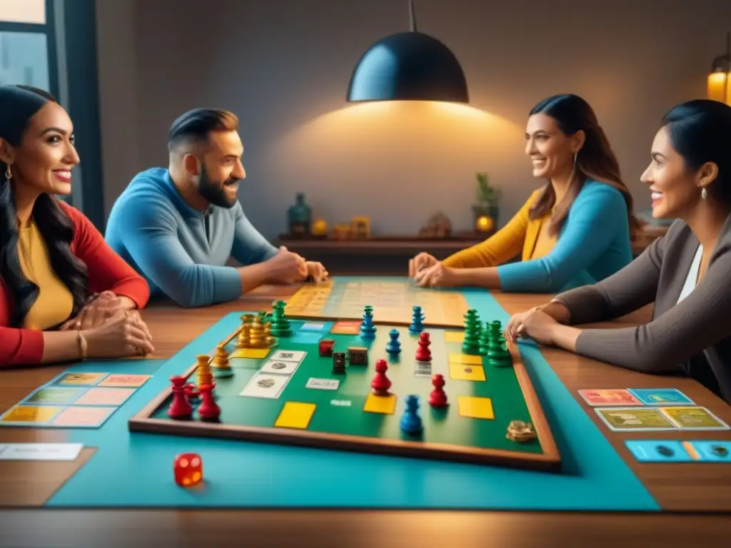 Grupo diverso disfrutando de un juego de mesa creativo en una atmósfera vibrante y acogedora