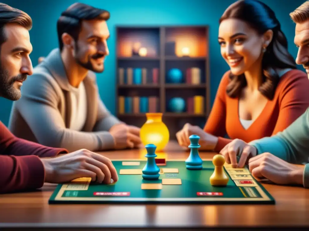 Grupo diverso disfruta un juego de mesa, con expresiones de emoción y concentración