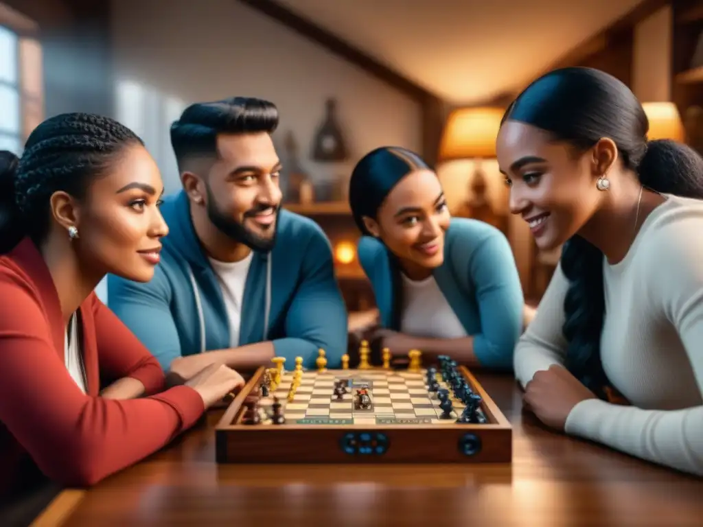 Grupo diverso disfrutando de un juego de mesa en acogedor salón