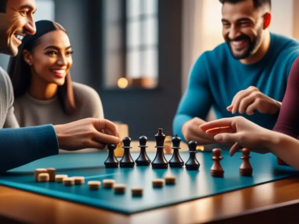 Grupo diverso disfrutando de un juego de mesa en una sala acogedora, transmitiendo alegría y comunidad