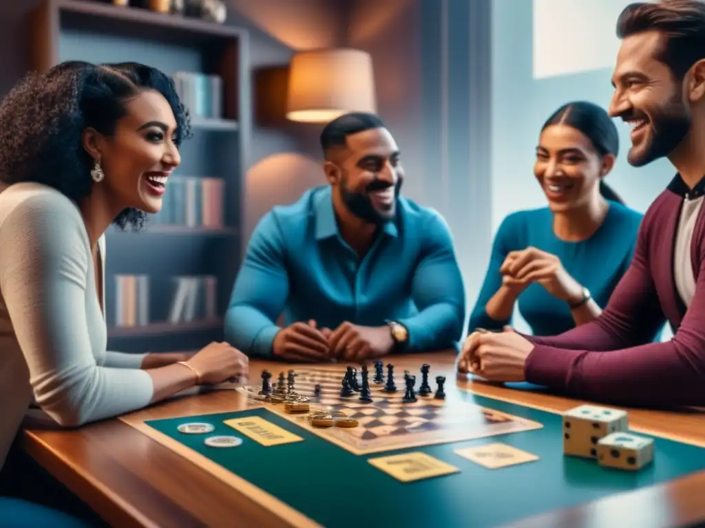 Grupo diverso disfruta de un juego de mesa con risas, mostrando inclusividad y diversión