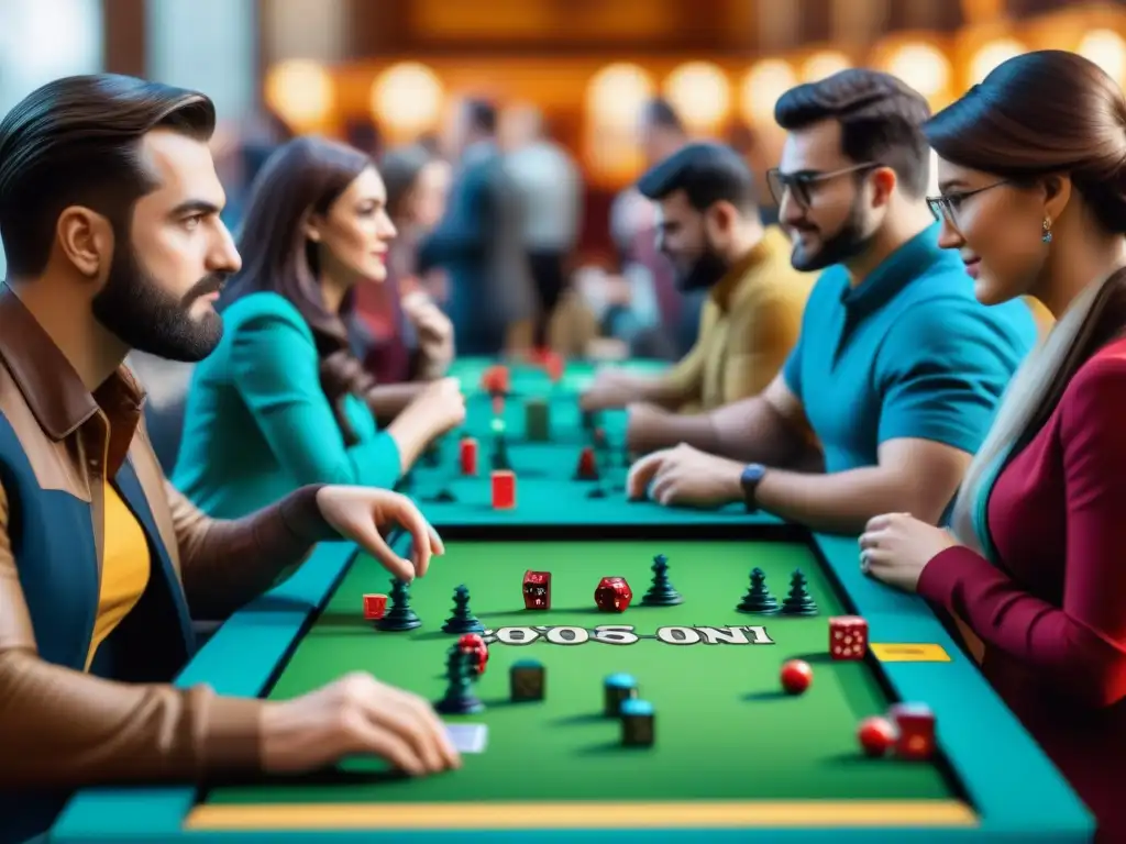 Grupo diverso disfrutando de un juego de mesa en evento de juegos de mesa, rodeados de diversión y emoción