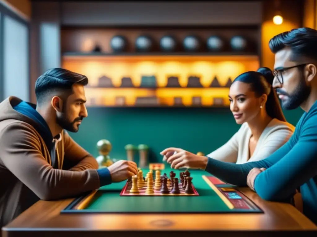 Grupo diverso disfruta intensamente un juego de mesa en café, rodeados de estanterías llenas de juegos