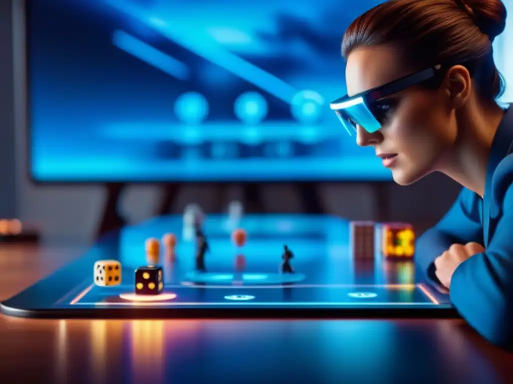 Grupo diverso juega juego mesa digital futurista en mesa holográfica, destacando la monetización innovadora juegos mesa digitales