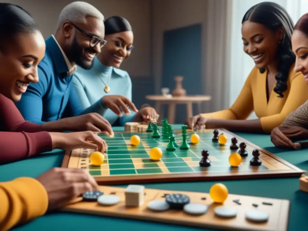 Un grupo diverso disfrutando de un juego de mesa adaptado, con instrucciones en braille y piezas fáciles de agarrar