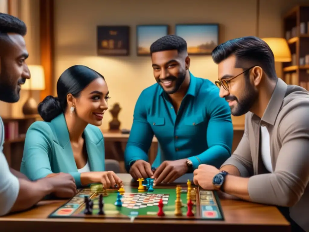 Juego de mesa multicultural: conexión y diversidad Un grupo diverso disfruta de un juego de mesa juntos, mostrando el impacto de los juegos de mesa en la paz