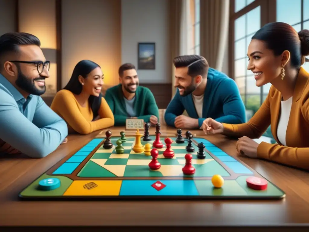 Un grupo diverso disfruta de un juego de mesa colorido y envolvente