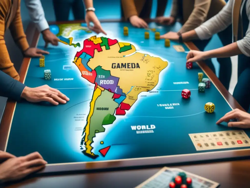 Grupo diverso concentra en juego de mesa estrategias riesgo conquista en el mundo