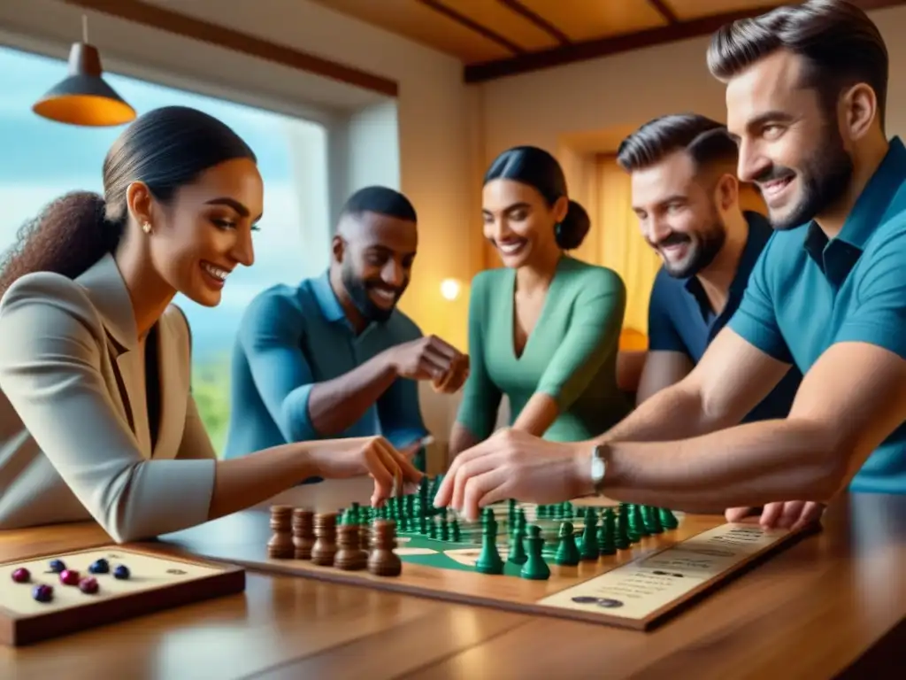 Grupo diverso disfruta juego de mesa con materiales sostenibles en ambiente luminoso y acogedor