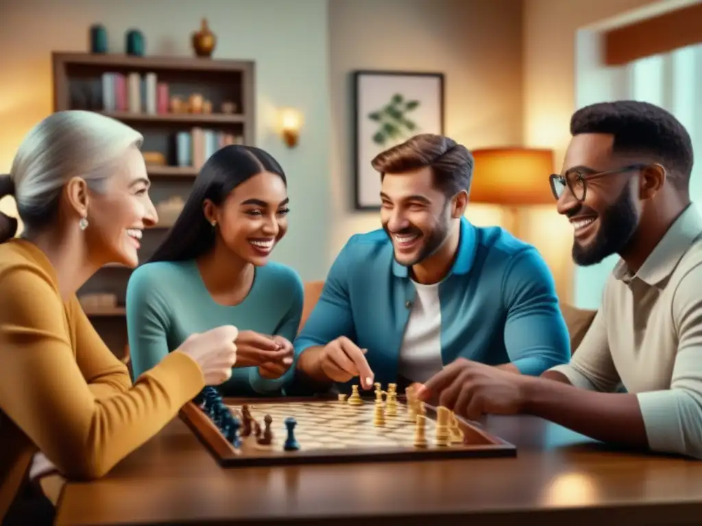 Grupo diverso disfrutando de un juego de mesa en una sala acogedora