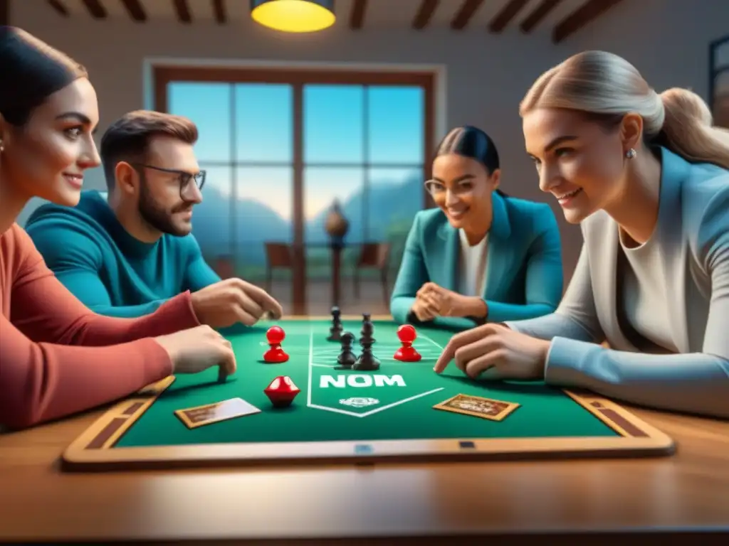 Un grupo diverso juega un juego de mesa con Realidad Aumentada, mostrando innovación y emoción