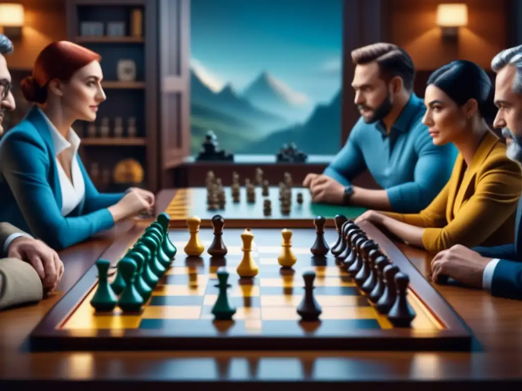 Competencia global en juegos de mesa: diversión estratégica Grupo diverso compite en juego de mesa con piezas estratégicas