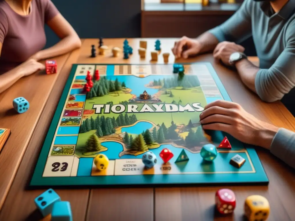 Juego de mesa: diversión compartida y estrategia en detalle Un grupo diverso disfruta de un juego de mesa en un ambiente acogedor y cálido