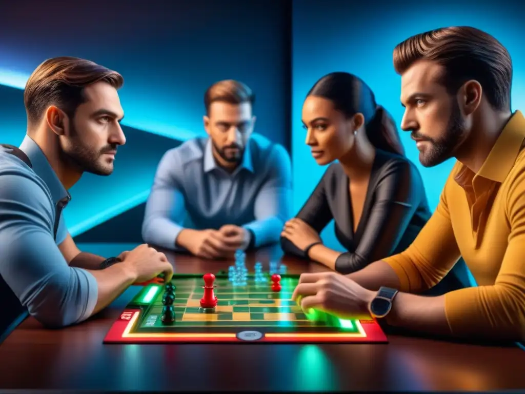 Grupo diverso disfruta de juego de mesa futurista con inteligencia artificial