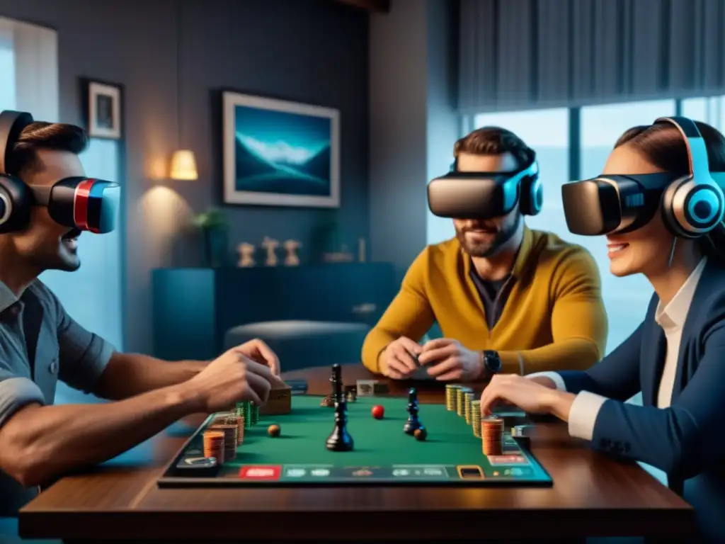 Grupo diverso disfruta de juego de mesa con Realidad Virtual, fusionando lo tradicional con lo innovador