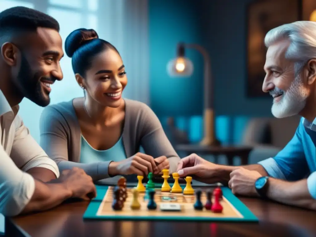 Un grupo diverso disfruta de un juego de mesa, mostrando los beneficios para la salud mental