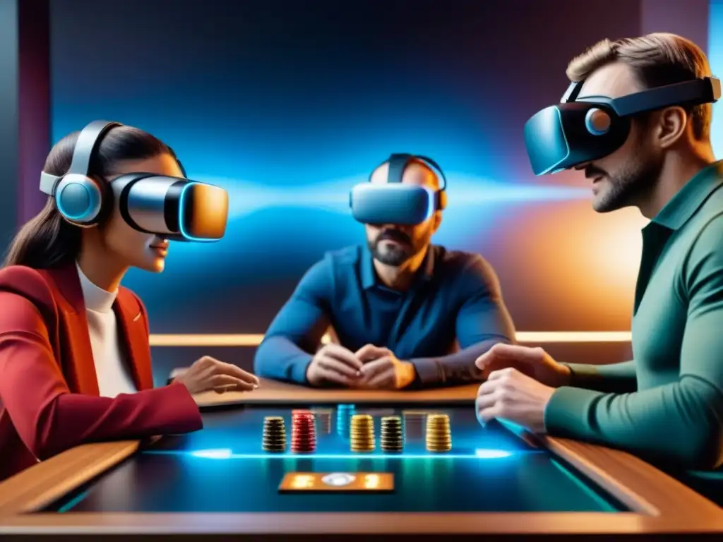 Grupo diverso disfruta de un juego de mesa holográfico en Realidad Virtual