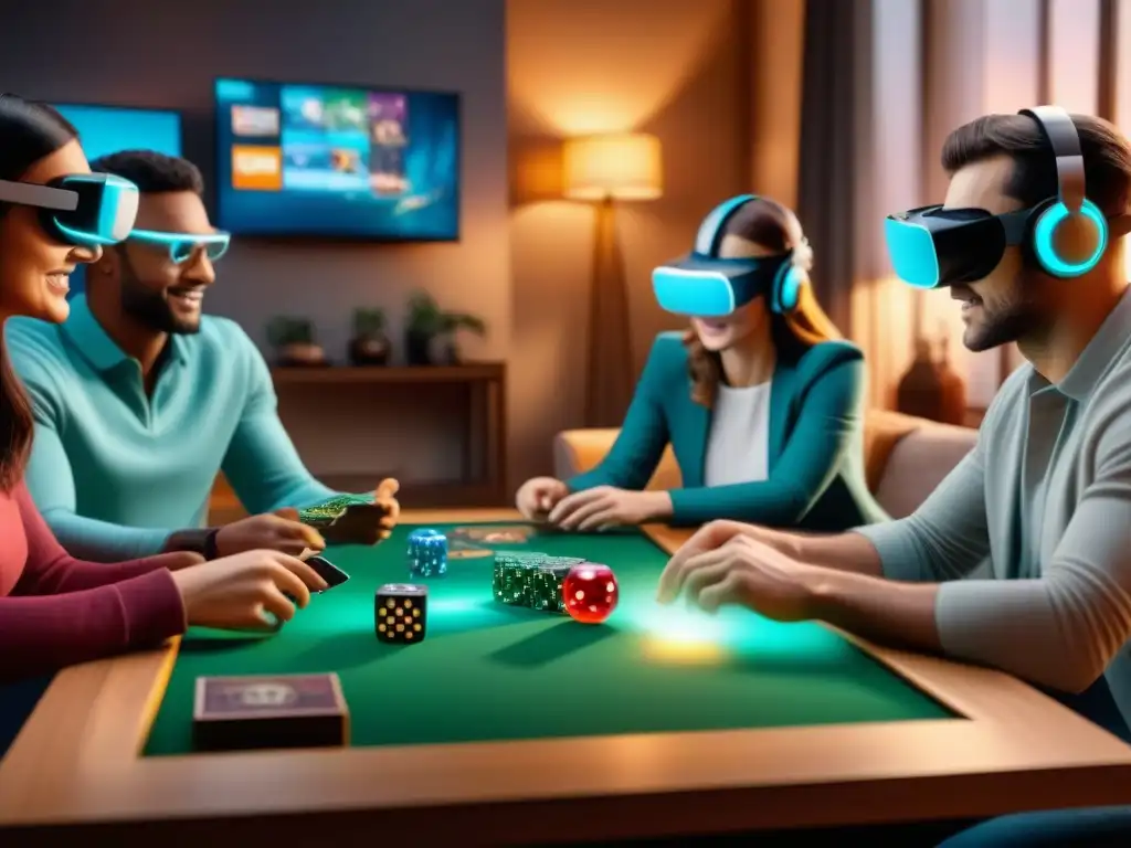 Grupo diverso disfruta juego de mesa con Realidad Virtual en acogedora sala llena de juegos tradicionales