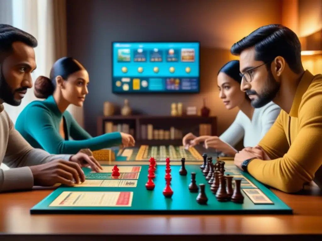 Un grupo diverso disfruta de un juego de mesa con IA en una atmósfera de concentración y estrategia