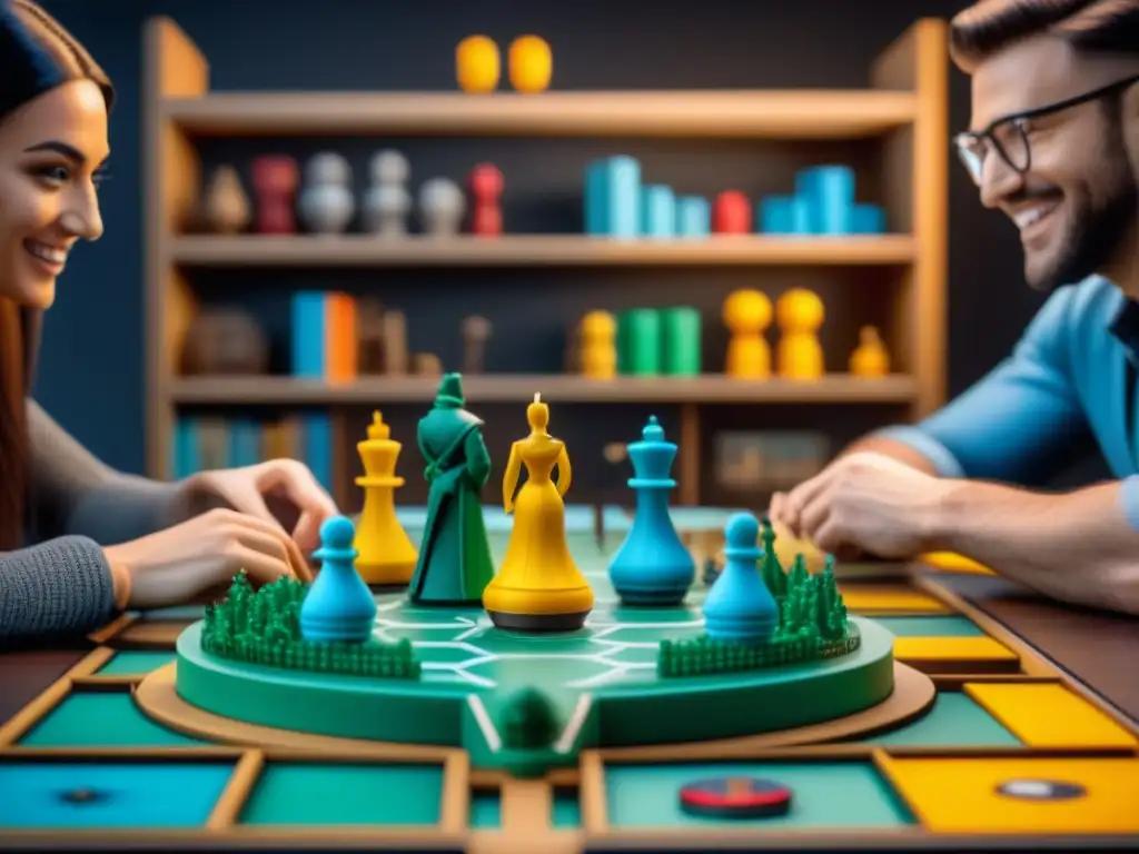 Grupo diverso disfruta de juego de mesa personalizado con impresión 3D, creando piezas únicas