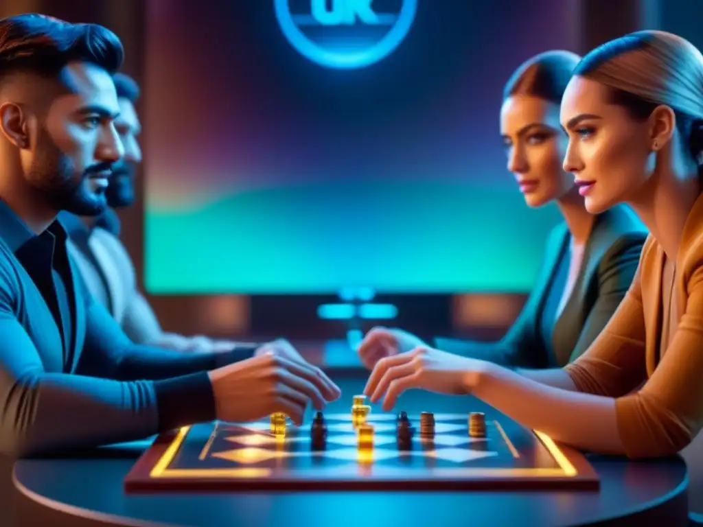 Un grupo diverso juega un juego de mesa futurista con hologramas