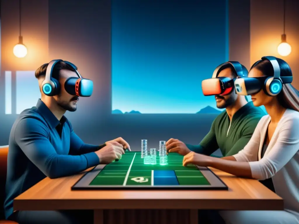 Grupo diverso en juego de mesa de Realidad Virtual, fusionando tradición y tecnología