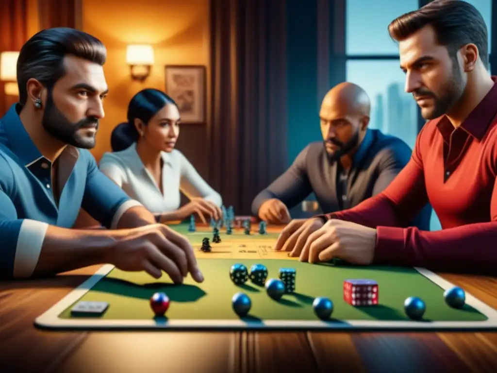 Partida de juego de mesa: diversión y estrategia entre amigos Grupo diverso disfruta intensamente un juego de mesa estratégico, unidos por la psicología del juego