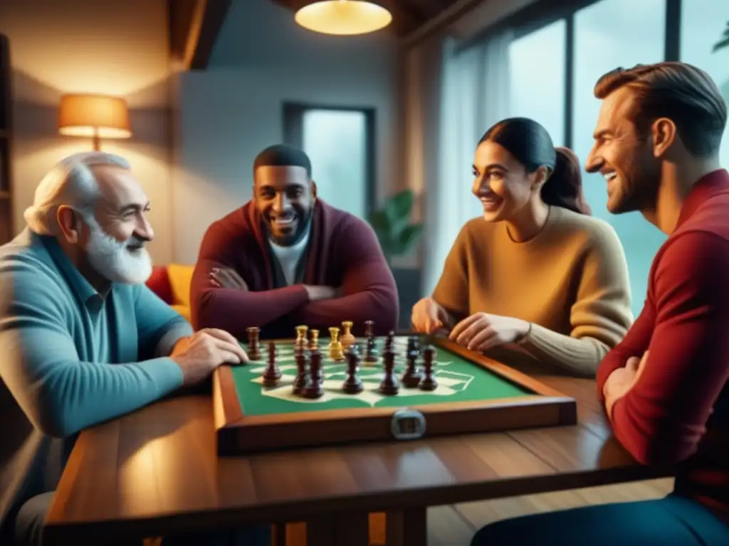 Un grupo diverso disfruta jugando un juego de mesa en una sala acogedora