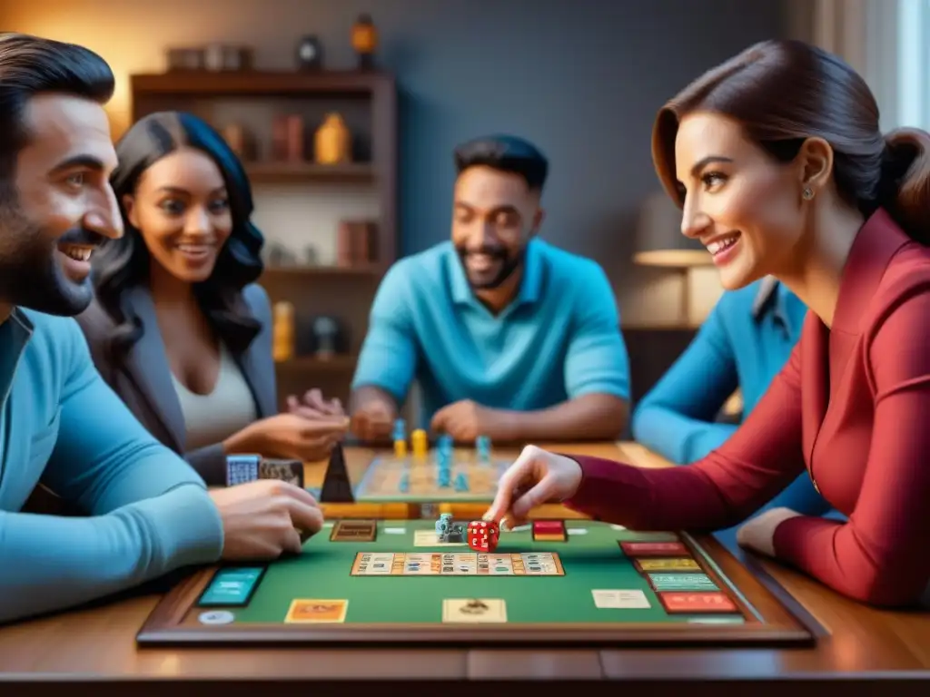 Grupo diverso disfruta de un juego de mesa en una acogedora sala, reflejando diversión y concentración