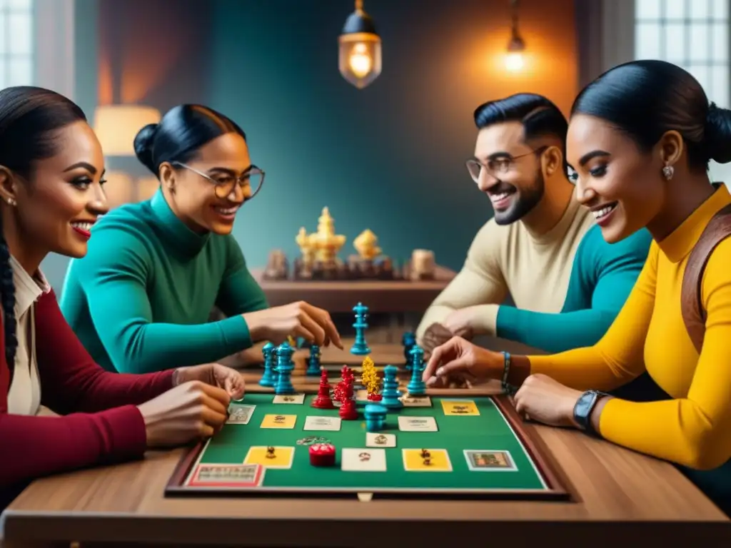 Grupo diverso disfruta con juegos de mesa en un ambiente inclusivo y alegre