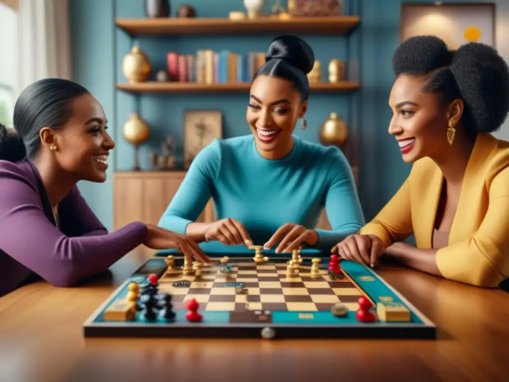 Emociones compartidas: diversidad en juego de mesa Un grupo diverso disfruta de juegos de mesa juntos en un cálido salón, celebrando la diversidad y la conexión