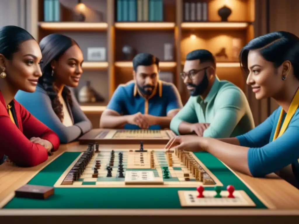 Grupo diverso disfruta de juegos de mesa inclusivos como Braille Scrabble y cartas multilingües en una mesa llena de diversidad