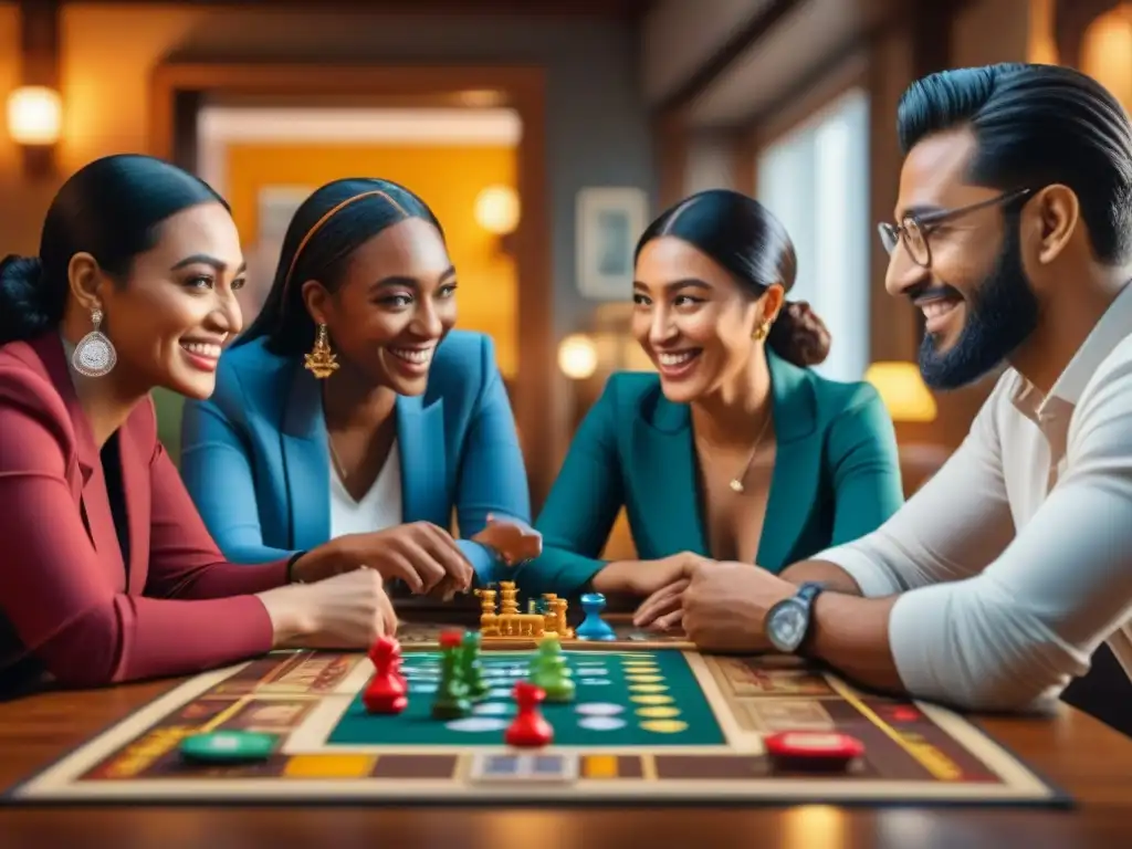 Juego de mesa: diversidad y alegría en acción Un grupo diverso disfruta de juegos de mesa, mostrando alegría y conexión