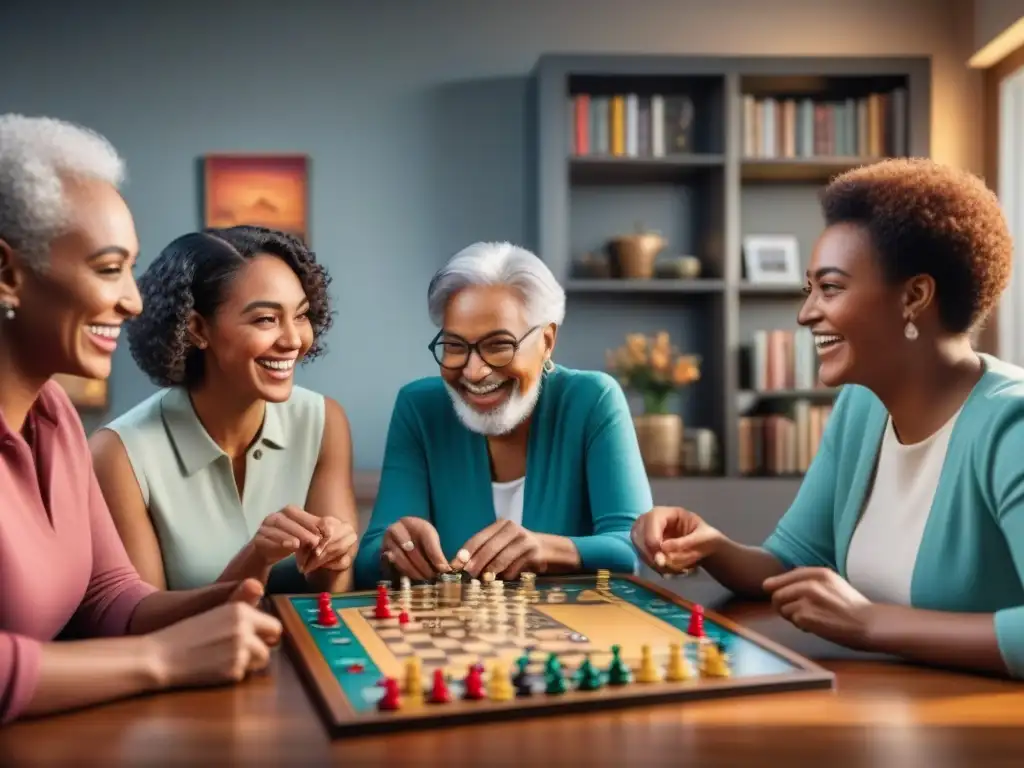 Grupo diverso disfruta juegos de mesa con alegría e inclusión en acogedor salón